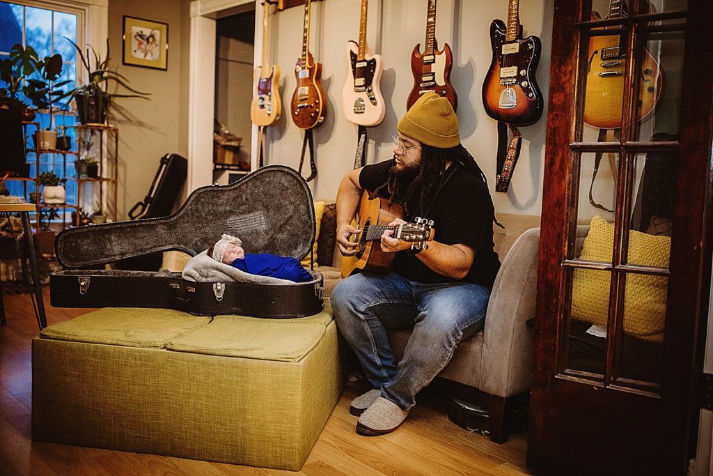 newborn session with guitars